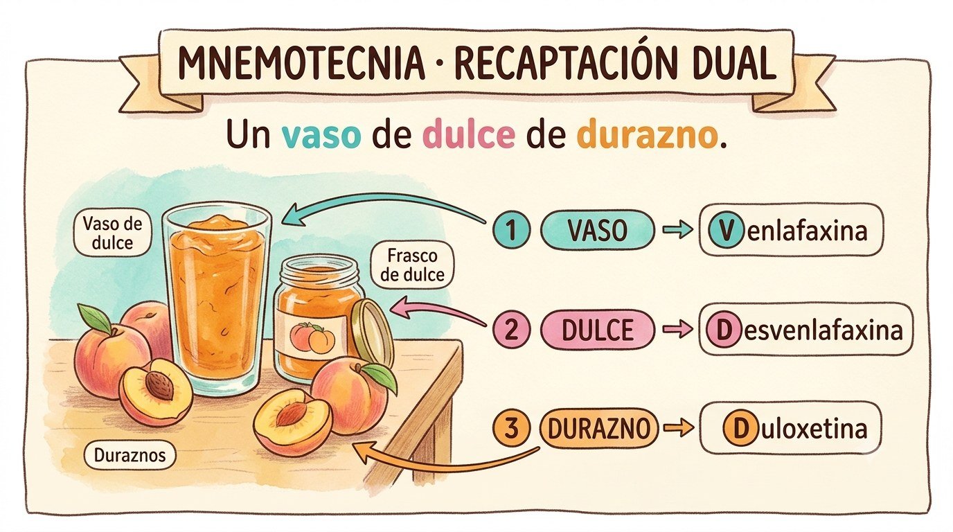 Ilustración de la nemotecnia «Vaso Dulce Durazno». Cada palabra de la frase corresponde a un fármaco; la correspondencia está escrita debajo.