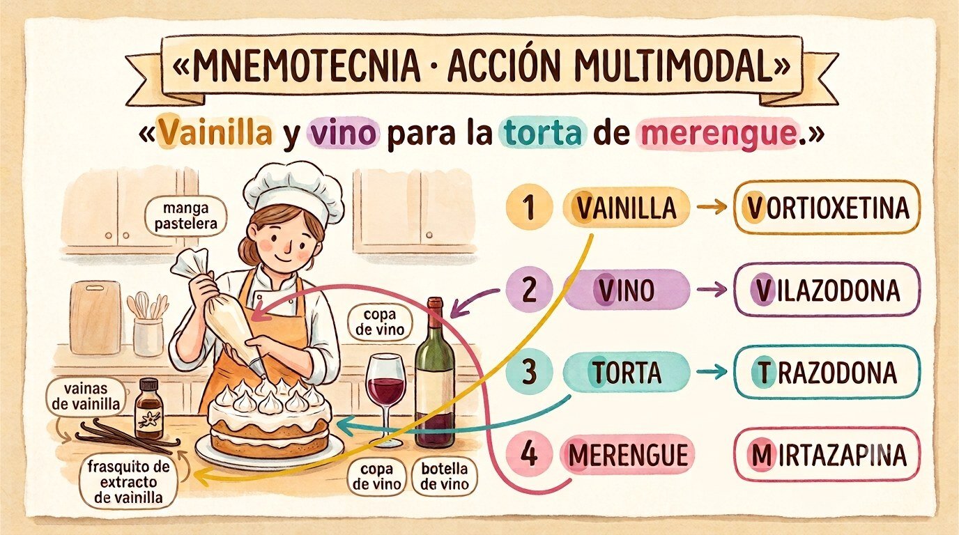 Ilustración de la nemotecnia «Vainilla Vino Torta Merengue». Cada palabra de la frase corresponde a un fármaco; la correspondencia está escrita debajo.