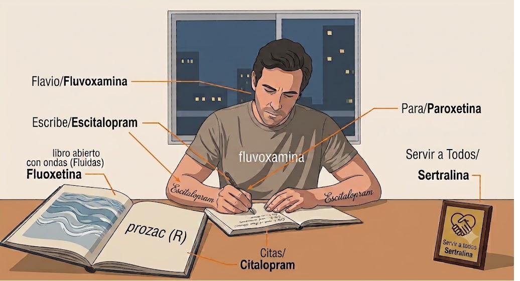 Ilustración de la nemotecnia «Flavio Escribe Citas Fluidas Para Servir a todos». Cada palabra de la frase corresponde a un fármaco; la correspondencia está escrita debajo.