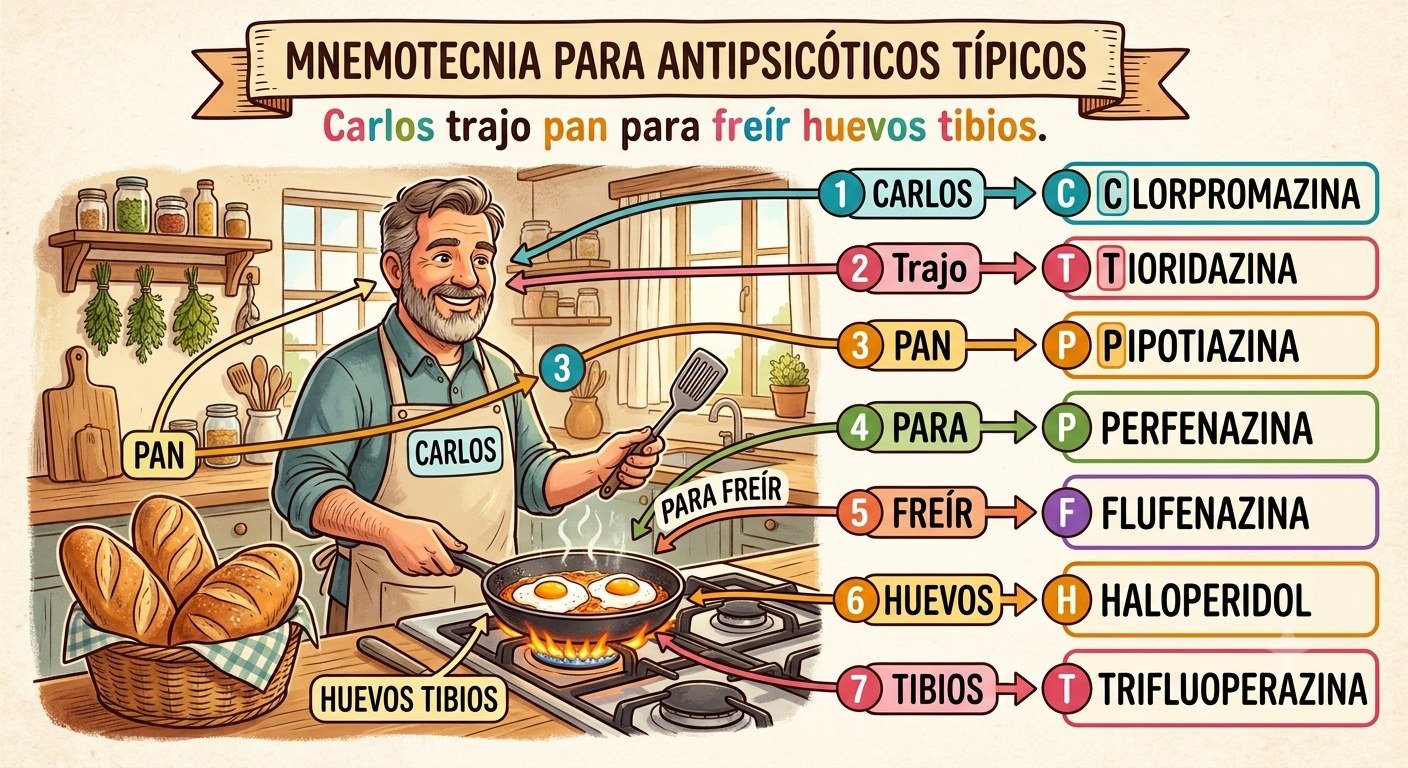 Ilustración de la nemotecnia «Lina Carlos Trajeron Pan Para Freír Huevos Tibios». Cada palabra de la frase corresponde a un fármaco; la correspondencia está escrita debajo.