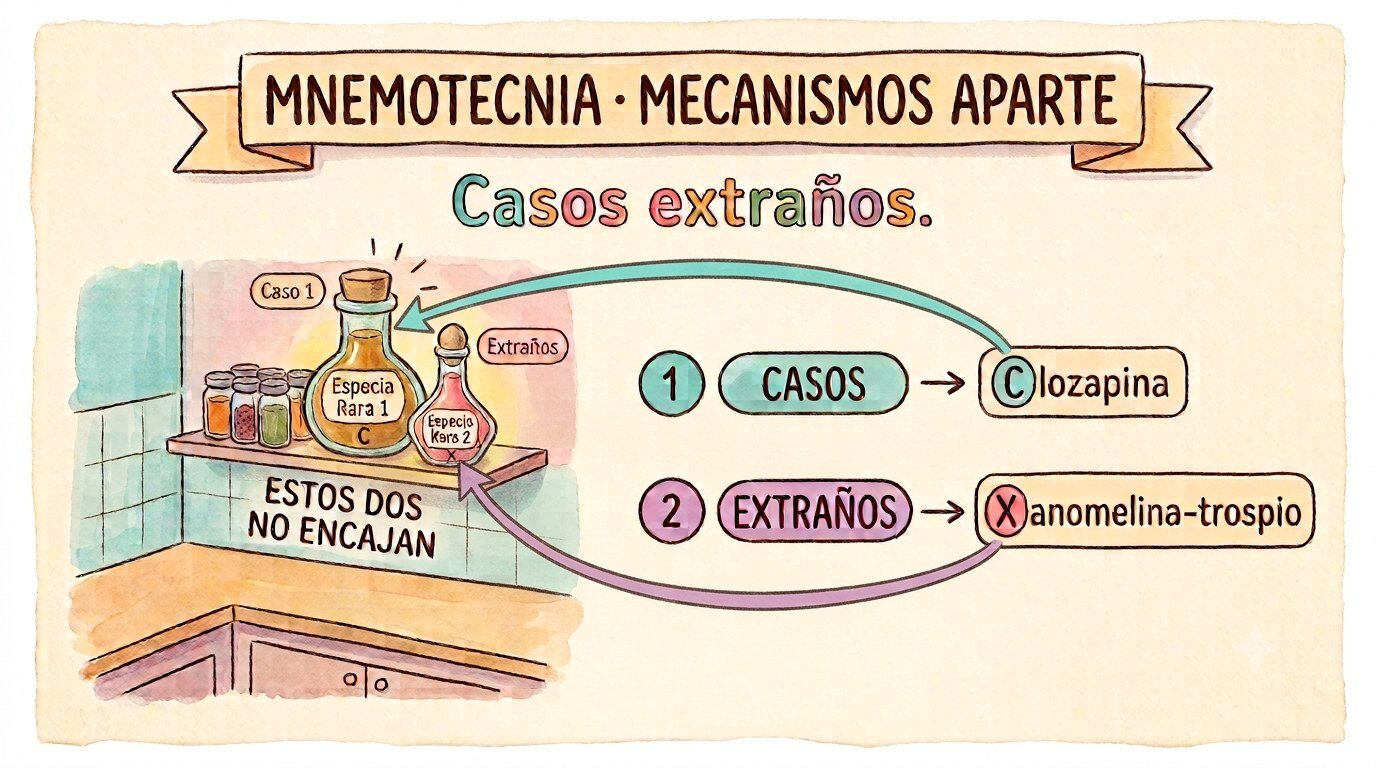 Ilustración de la nemotecnia «Casos Xtraños». Cada palabra de la frase corresponde a un fármaco; la correspondencia está escrita debajo.
