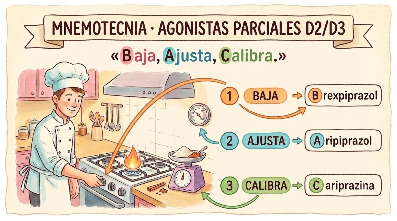 Ilustración de la nemotecnia «Baja Ajusta Calibra». Cada palabra de la frase corresponde a un fármaco; la correspondencia está escrita debajo.