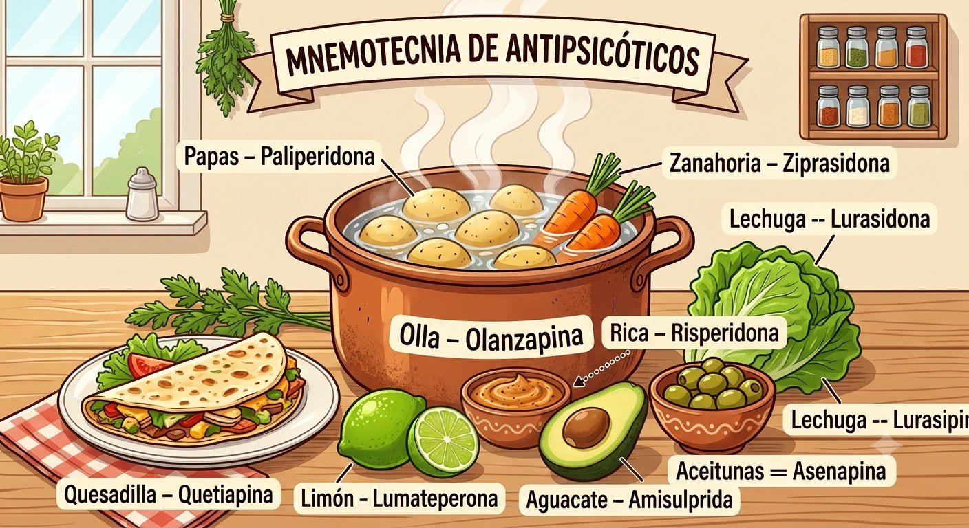 Ilustración de la nemotecnia «Olla Rica Papas Quesadilla Limón Aguacate Aceitunas Lechuga Zanahoria». Cada palabra de la frase corresponde a un fármaco; la correspondencia está escrita debajo.